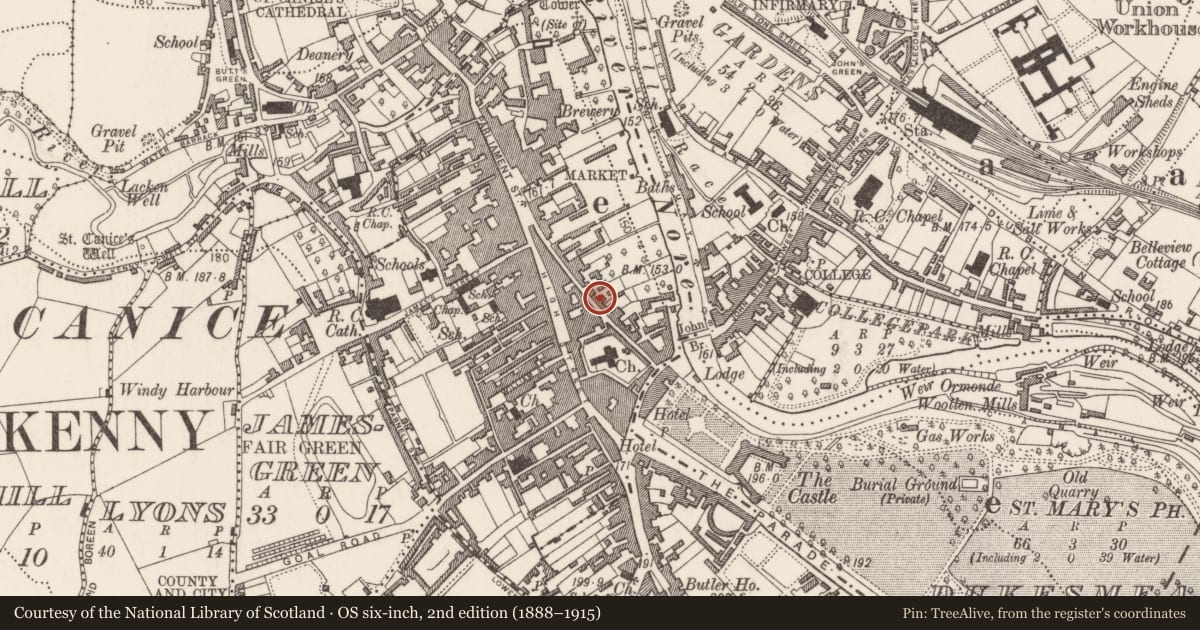 Ordnance Survey six-inch map, 2nd edition (1888–1915) covering the location of House - 16th/17th century, Gardens (Kilkenny City By., St. Mary’s Par.), County Kilkenny, with a pin at the register's coordinates