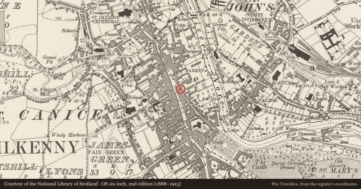Ordnance Survey six-inch map, 2nd edition (1888–1915) covering the location of House - 16th/17th century, Gardens (Kilkenny City By., St. Mary’s Par.), County Kilkenny, with a pin at the register's coordinates