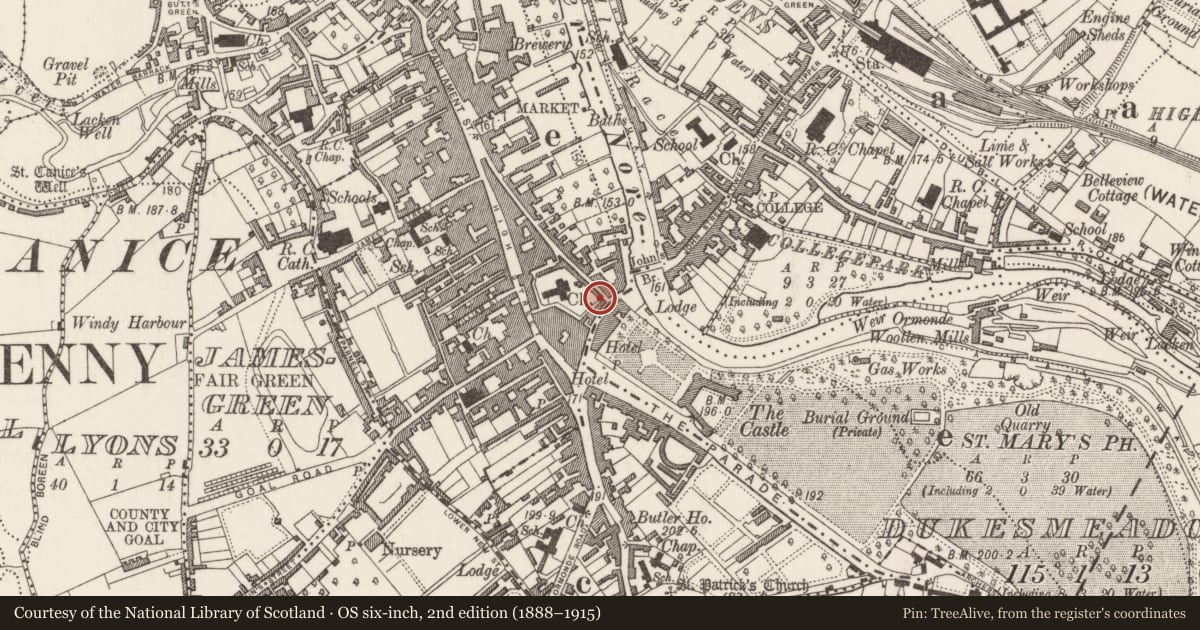 Ordnance Survey six-inch map, 2nd edition (1888–1915) covering the location of House - 16th/17th century, Gardens (Kilkenny City By., St. Mary’s Par.), County Kilkenny, with a pin at the register's coordinates