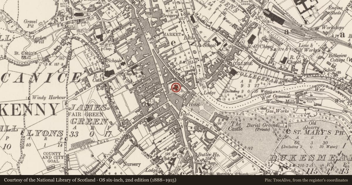 Ordnance Survey six-inch map, 2nd edition (1888–1915) covering the location of Church, Gardens (Kilkenny City By., St. Mary’s Par.), County Kilkenny, with a pin at the register's coordinates