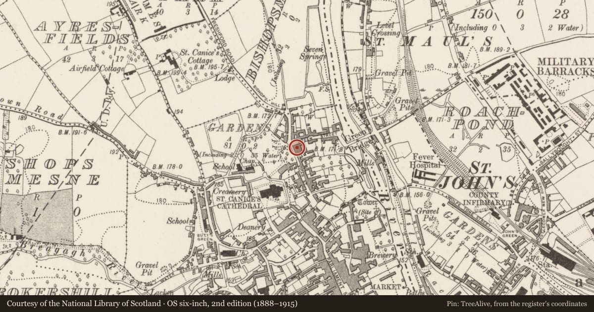 Ordnance Survey six-inch map, 2nd edition (1888–1915) covering the location of House - 16th/17th century, Gardens (Kilkenny City By., St. Canice Par.), County Kilkenny, with a pin at the register's coordinates