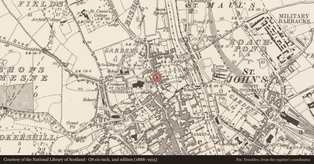 Ordnance Survey six-inch map, 2nd edition (1888–1915) covering the location of House - 16th/17th century, Gardens (Kilkenny City By., St. Canice Par.), County Kilkenny, with a pin at the register's coordinates