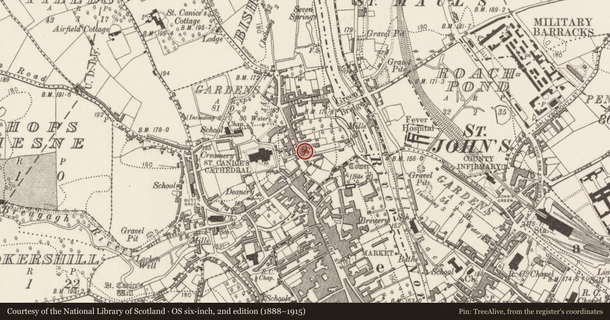 Ordnance Survey six-inch map, 2nd edition (1888–1915) covering the location of House - 16th century, Gardens (Kilkenny City By., St. Canice Par.), County Kilkenny, with a pin at the register's coordinates