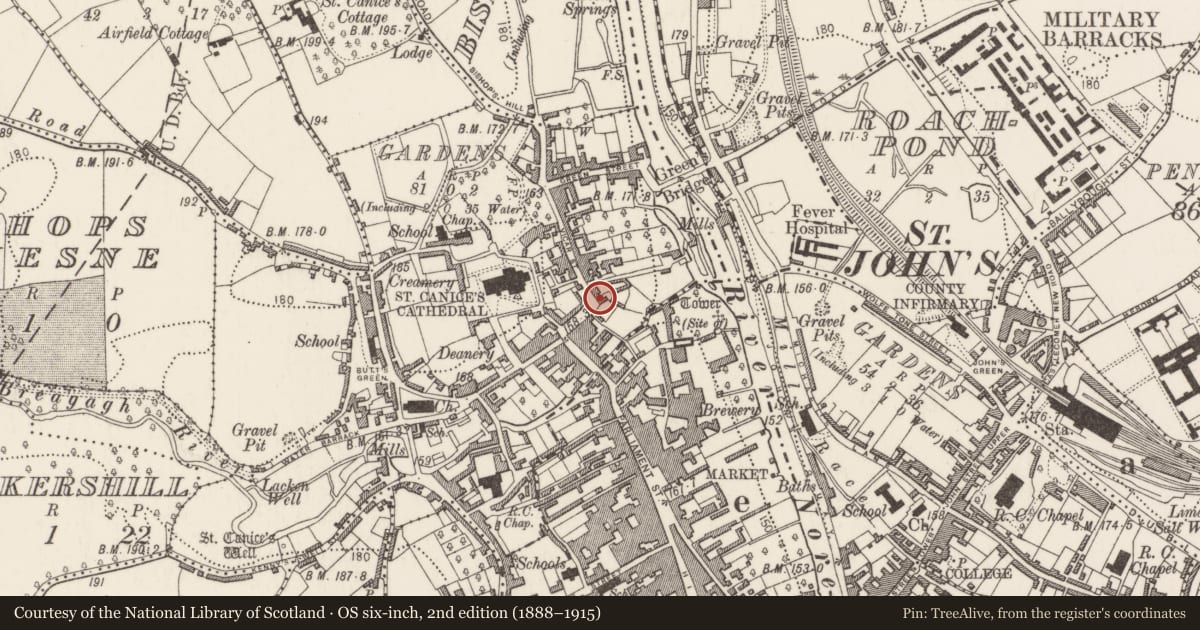 Ordnance Survey six-inch map, 2nd edition (1888–1915) covering the location of House - medieval, Gardens (Kilkenny City By., St. Canice Par.), County Kilkenny, with a pin at the register's coordinates