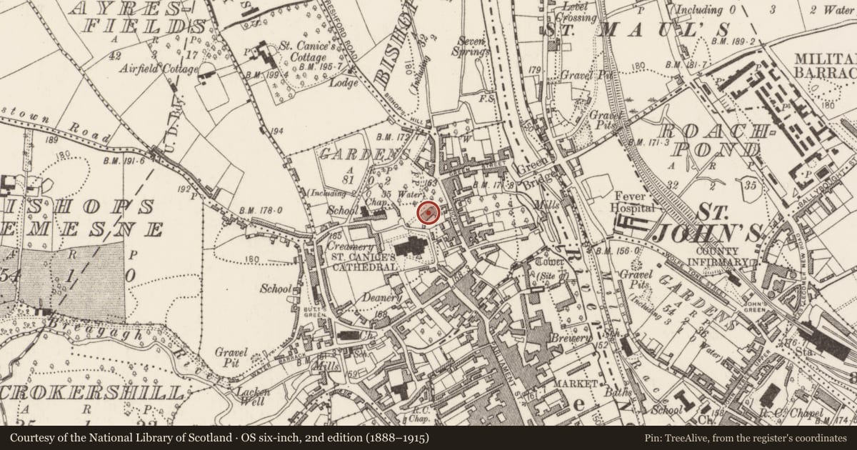 Ordnance Survey six-inch map, 2nd edition (1888–1915) covering the location of Ecclesiastical residence, Gardens (Kilkenny City By., St. Canice Par.), County Kilkenny, with a pin at the register's coordinates