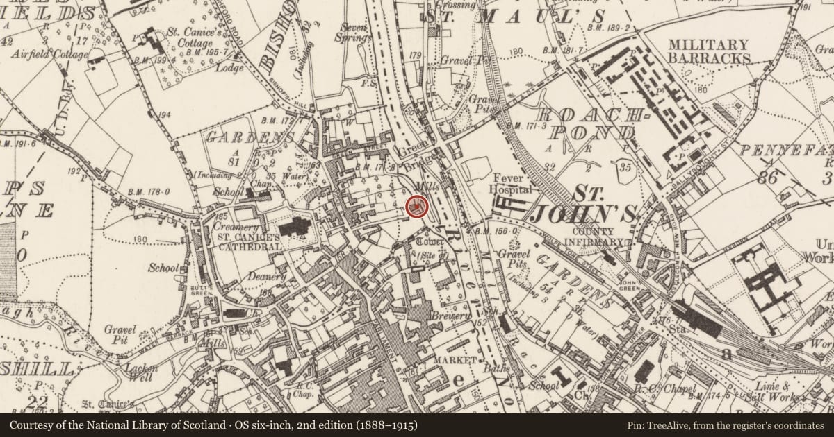 Ordnance Survey six-inch map, 2nd edition (1888–1915) covering the location of Water mill - unclassified, Gardens (Kilkenny City By., St. Canice Par.), County Kilkenny, with a pin at the register's coordinates