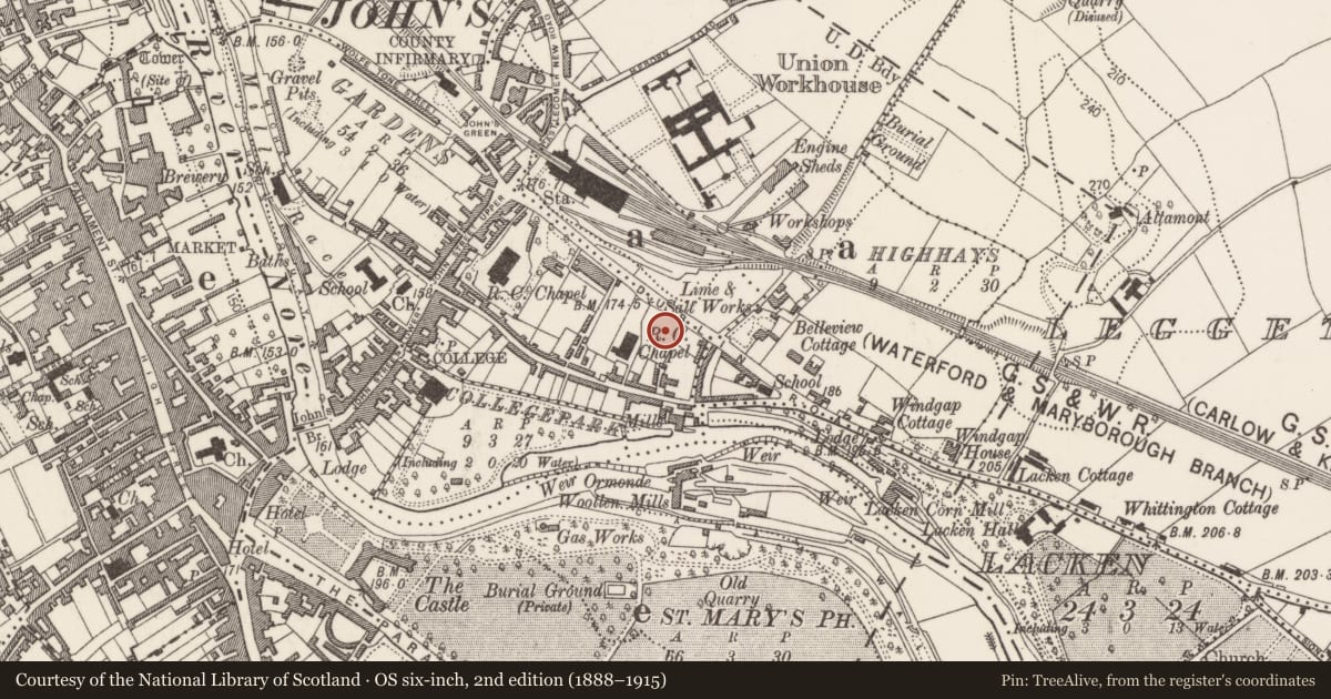 Ordnance Survey six-inch map, 2nd edition (1888–1915) covering the location of Graveyard, Gardens (Kilkenny City By., St. John's Par.), County Kilkenny, with a pin at the register's coordinates