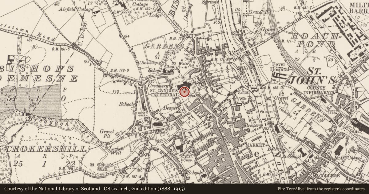 Ordnance Survey six-inch map, 2nd edition (1888–1915) covering the location of Graveyard, Gardens (Kilkenny City By., St. Canice Par.), County Kilkenny, with a pin at the register's coordinates