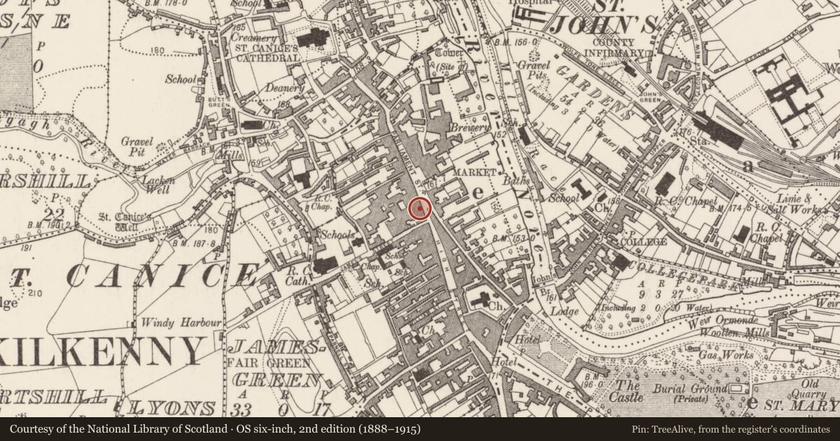 Ordnance Survey six-inch map, 2nd edition (1888–1915) covering the location of Armorial plaque, Gardens (Kilkenny City By., St. Mary’s Par.), County Kilkenny, with a pin at the register's coordinates