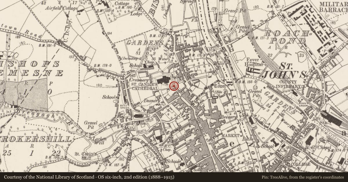 Ordnance Survey six-inch map, 2nd edition (1888–1915) covering the location of Memorial stone, Gardens (Kilkenny City By., St. Canice Par.), County Kilkenny, with a pin at the register's coordinates