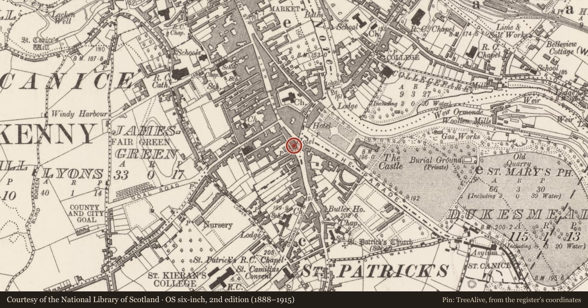 Ordnance Survey six-inch map, 2nd edition (1888–1915) covering the location of Forge, Gardens (Kilkenny City By., St. Mary’s Par.), County Kilkenny, with a pin at the register's coordinates