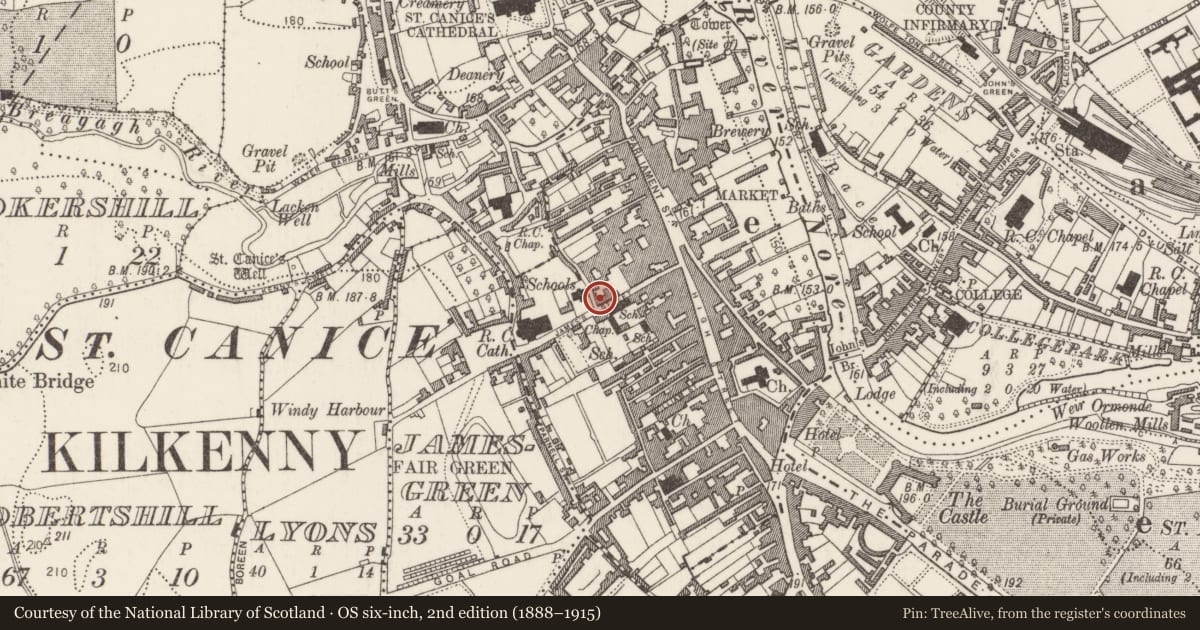 Ordnance Survey six-inch map, 2nd edition (1888–1915) covering the location of Burial, Gardens (Kilkenny City By., St. Mary’s Par.), County Kilkenny, with a pin at the register's coordinates