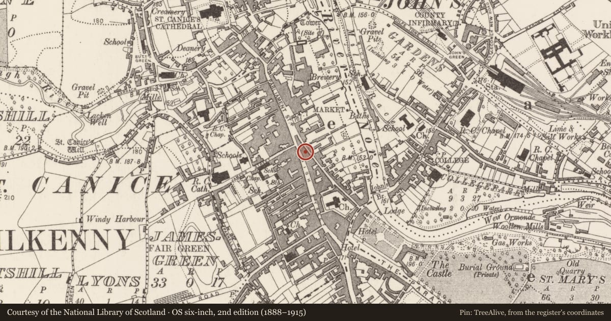 Ordnance Survey six-inch map, 2nd edition (1888–1915) covering the location of Burial, Gardens (Kilkenny City By., St. Mary’s Par.), County Kilkenny, with a pin at the register's coordinates