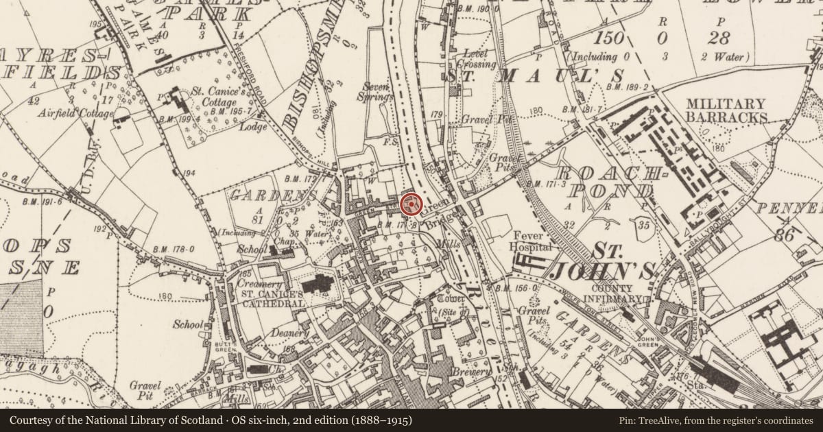 Ordnance Survey six-inch map, 2nd edition (1888–1915) covering the location of House - 17th/18th century, Gardens (Kilkenny City By., St. Canice Par.), County Kilkenny, with a pin at the register's coordinates