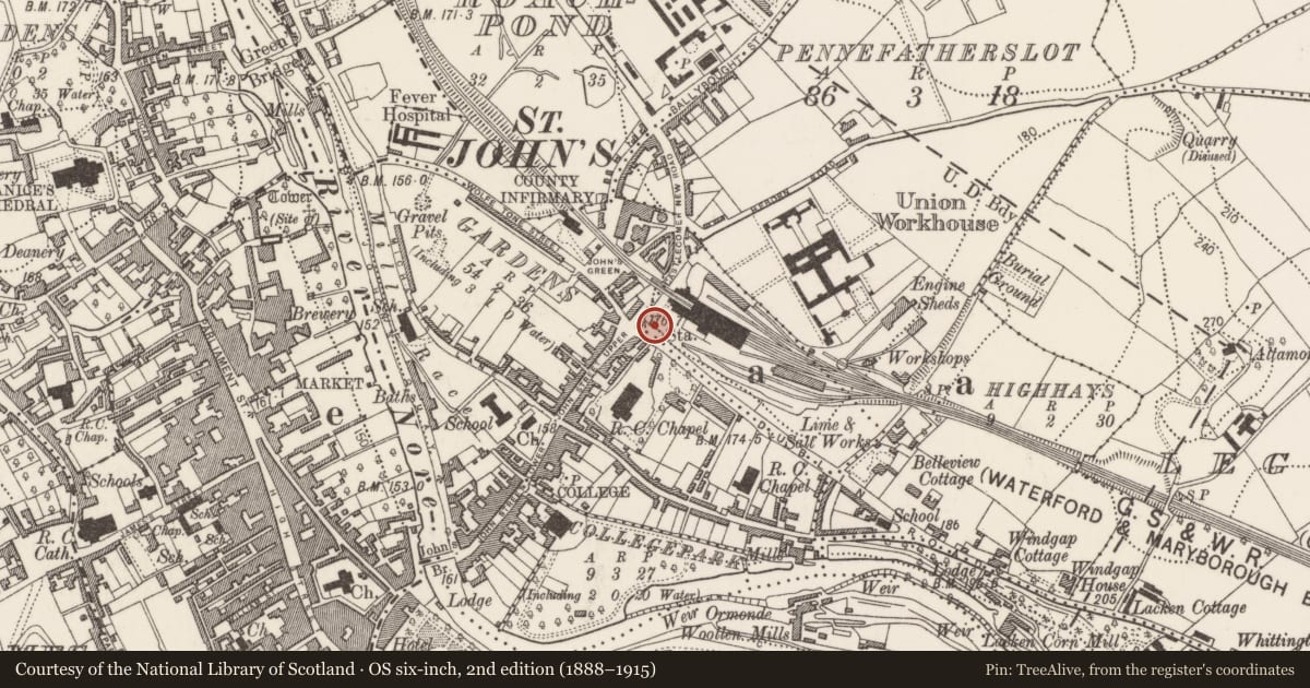 Ordnance Survey six-inch map, 2nd edition (1888–1915) covering the location of Kiln - pottery, Highhays, County Kilkenny, with a pin at the register's coordinates