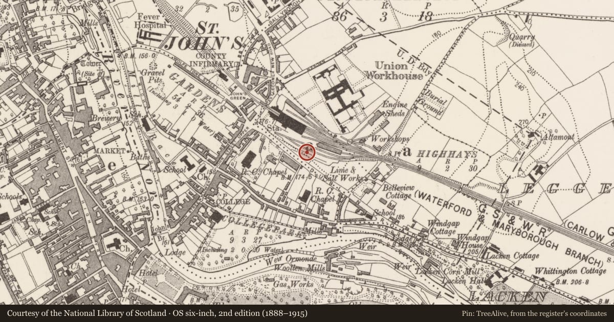 Ordnance Survey six-inch map, 2nd edition (1888–1915) covering the location of Kiln - corn-drying, Highhays, County Kilkenny, with a pin at the register's coordinates