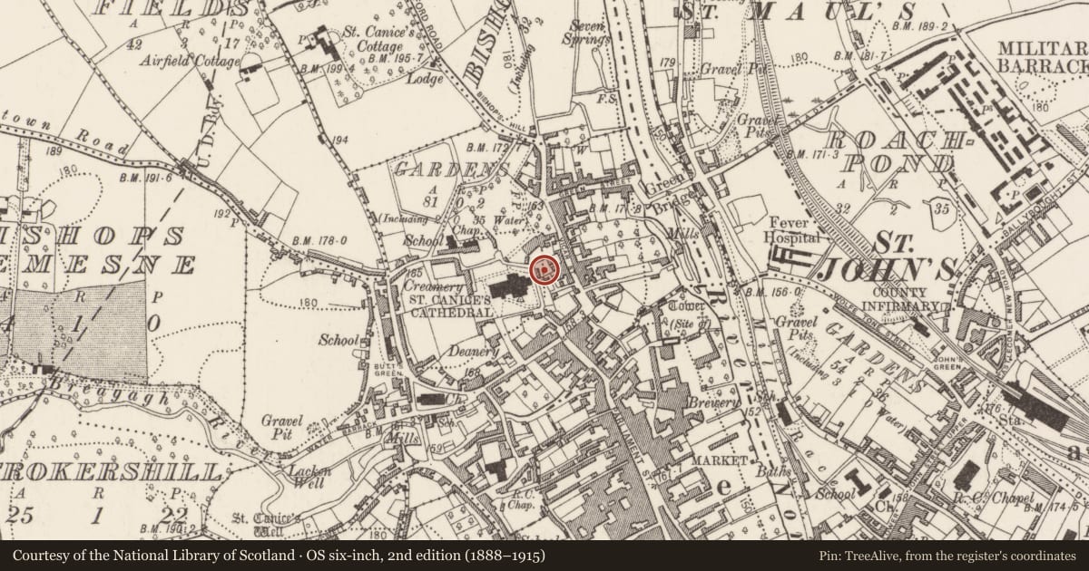 Ordnance Survey six-inch map, 2nd edition (1888–1915) covering the location of Structure, Gardens (Kilkenny City By., St. Canice Par.), County Kilkenny, with a pin at the register's coordinates