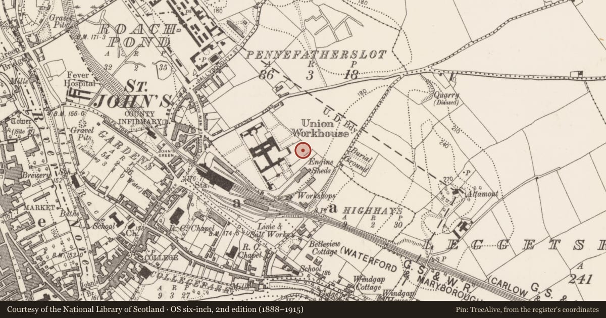 Ordnance Survey six-inch map, 2nd edition (1888–1915) covering the location of Burial, Pennefatherslot, County Kilkenny, with a pin at the register's coordinates