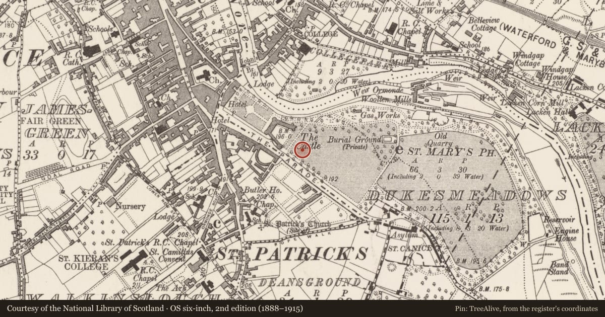 Ordnance Survey six-inch map, 2nd edition (1888–1915) covering the location of Walled garden, Dukesmeadows (Shillelogher By., St. Patrick's Par.), County Kilkenny, with a pin at the register's coordinates