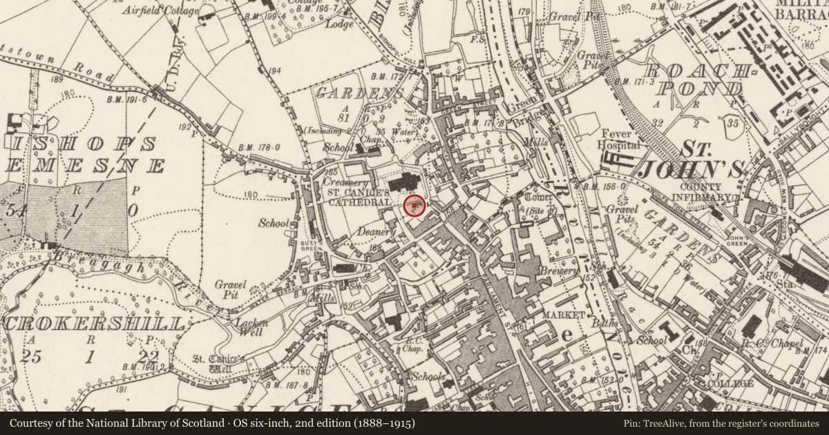 Ordnance Survey six-inch map, 2nd edition (1888–1915) covering the location of Burial, Gardens (Kilkenny City By., St. Canice Par.), County Kilkenny, with a pin at the register's coordinates