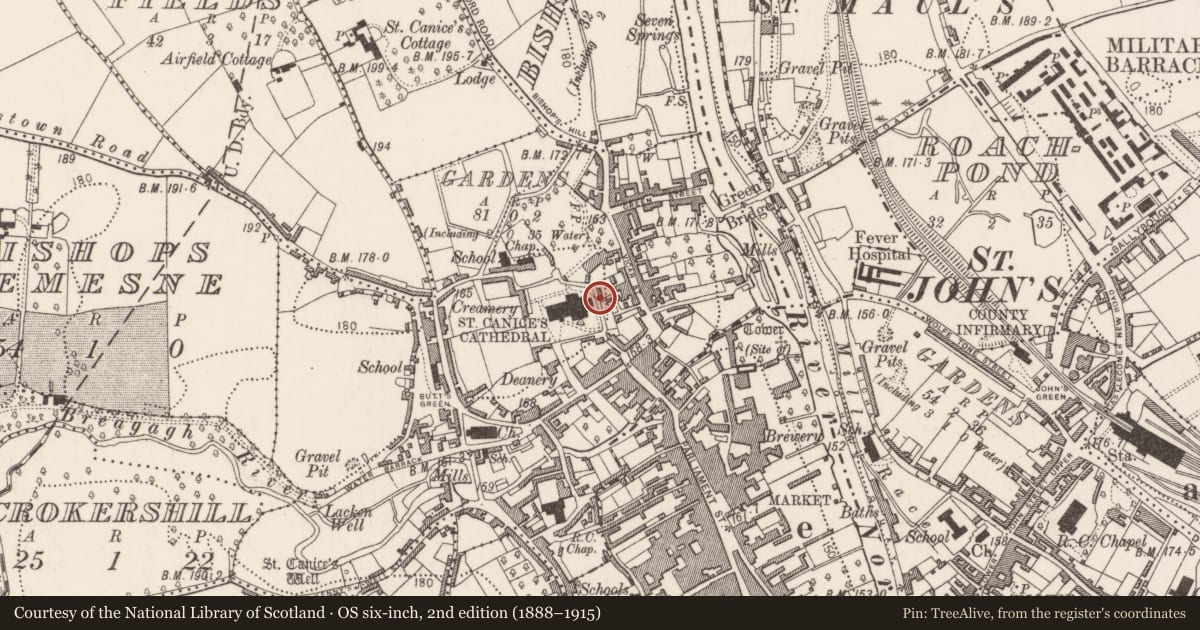 Ordnance Survey six-inch map, 2nd edition (1888–1915) covering the location of Burial, Gardens (Kilkenny City By., St. Canice Par.), County Kilkenny, with a pin at the register's coordinates