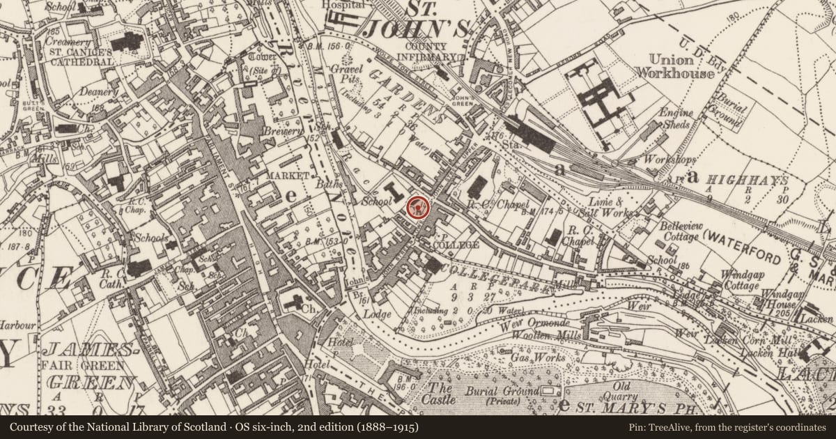 Ordnance Survey six-inch map, 2nd edition (1888–1915) covering the location of Graveyard, Gardens (Kilkenny City By., St. John's Par.), County Kilkenny, with a pin at the register's coordinates