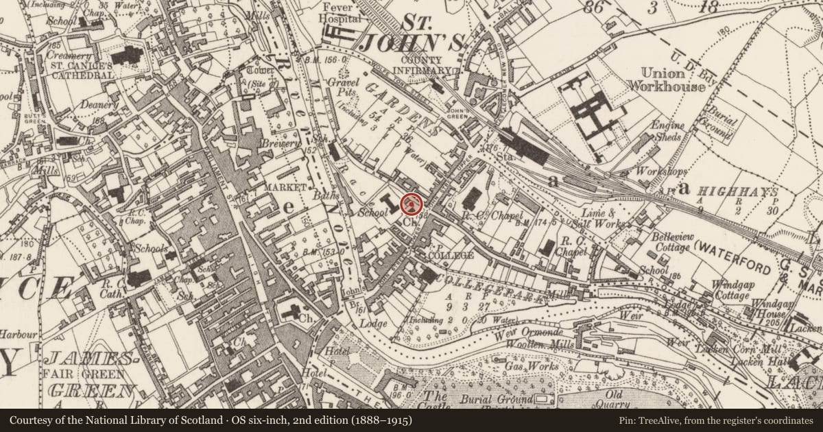 Ordnance Survey six-inch map, 2nd edition (1888–1915) covering the location of Tomb - effigial, Gardens (Kilkenny City By., St. John's Par.), County Kilkenny, with a pin at the register's coordinates