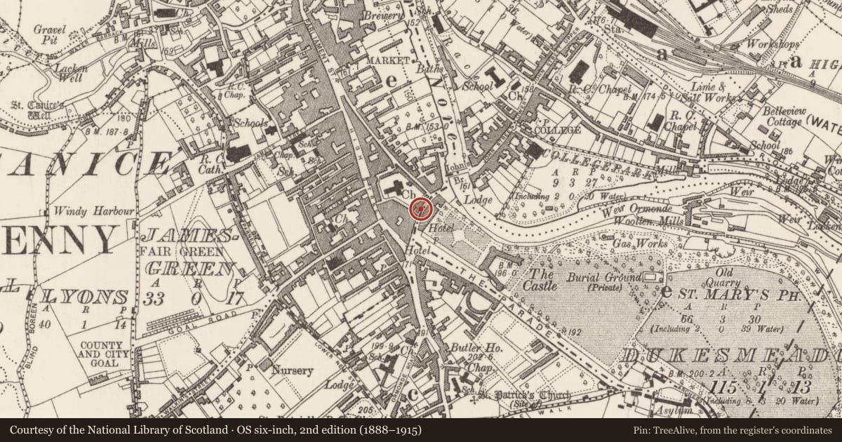 Ordnance Survey six-inch map, 2nd edition (1888–1915) covering the location of Armorial plaque (present location), Gardens (Kilkenny City By., St. Mary’s Par.), County Kilkenny, with a pin at the register's coordinates