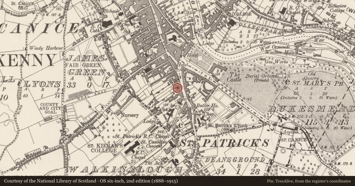 Ordnance Survey six-inch map, 2nd edition (1888–1915) covering the location of Excavation - miscellaneous, Gardens (Kilkenny City By., St. Patrick's Par.), County Kilkenny, with a pin at the register's coordinates