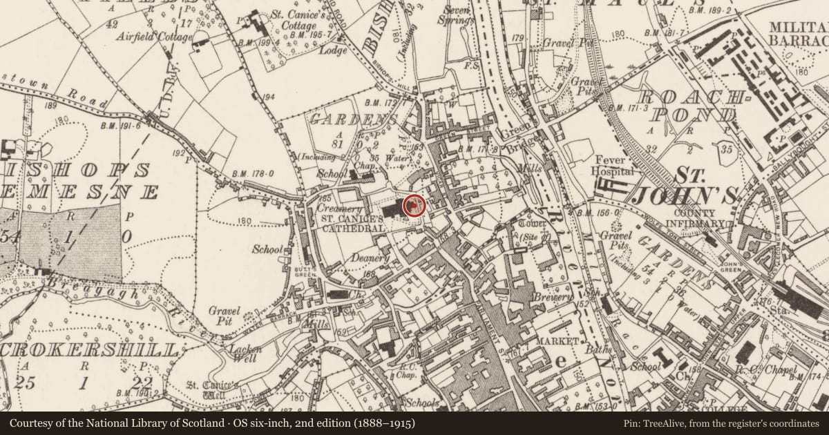 Ordnance Survey six-inch map, 2nd edition (1888–1915) covering the location of Hermitage, Gardens (Kilkenny City By., St. Canice Par.), County Kilkenny, with a pin at the register's coordinates