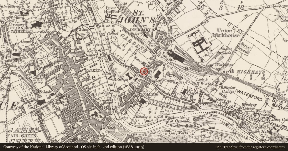 Ordnance Survey six-inch map, 2nd edition (1888–1915) covering the location of Excavation - miscellaneous, Gardens (Kilkenny City By., St. John's Par.), County Kilkenny, with a pin at the register's coordinates