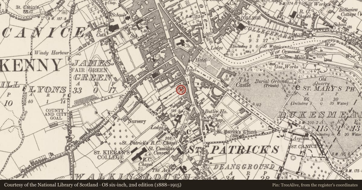 Ordnance Survey six-inch map, 2nd edition (1888–1915) covering the location of Excavation - miscellaneous, Gardens (Kilkenny City By., St. Patrick's Par.), County Kilkenny, with a pin at the register's coordinates