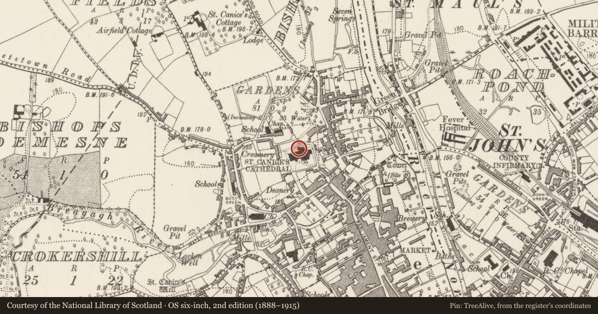 Ordnance Survey six-inch map, 2nd edition (1888–1915) covering the location of Building, Gardens (Kilkenny City By., St. Canice Par.), County Kilkenny, with a pin at the register's coordinates