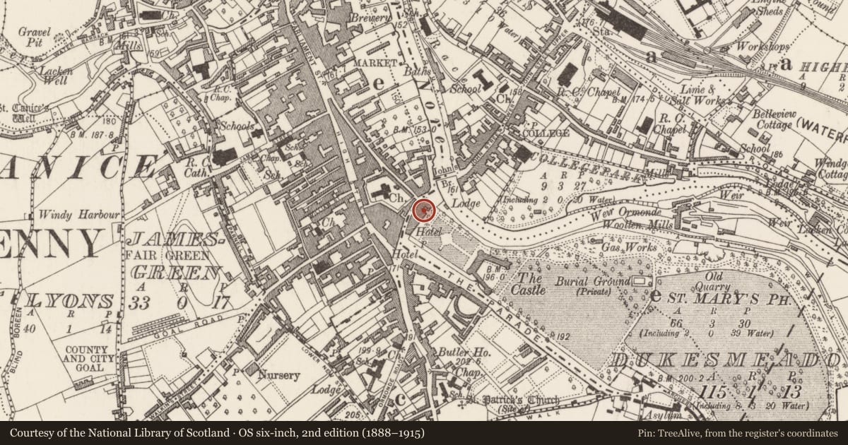 Ordnance Survey six-inch map, 2nd edition (1888–1915) covering the location of Well, Gardens (Kilkenny City By., St. Mary’s Par.), County Kilkenny, with a pin at the register's coordinates