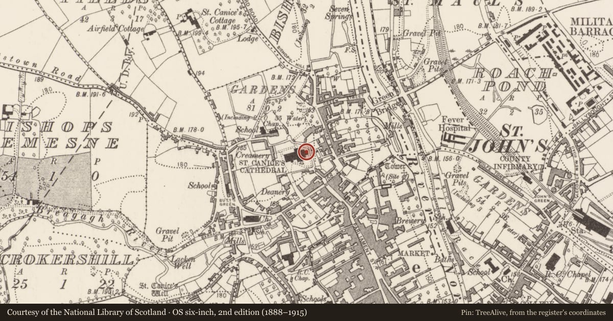 Ordnance Survey six-inch map, 2nd edition (1888–1915) covering the location of Building, Gardens (Kilkenny City By., St. Canice Par.), County Kilkenny, with a pin at the register's coordinates