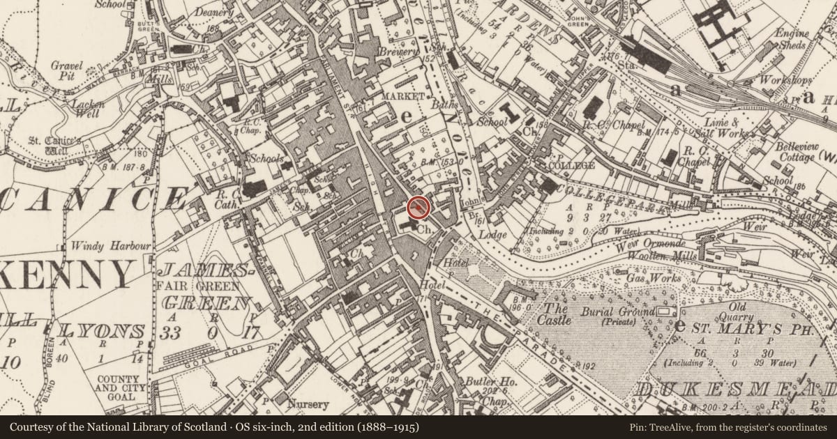 Ordnance Survey six-inch map, 2nd edition (1888–1915) covering the location of Building, Gardens (Kilkenny City By., St. Mary’s Par.), County Kilkenny, with a pin at the register's coordinates