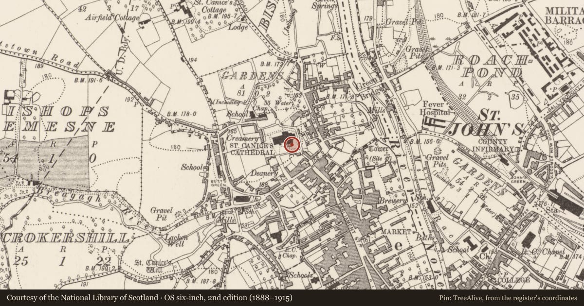 Ordnance Survey six-inch map, 2nd edition (1888–1915) covering the location of Church, Gardens (Kilkenny City By., St. Canice Par.), County Kilkenny, with a pin at the register's coordinates