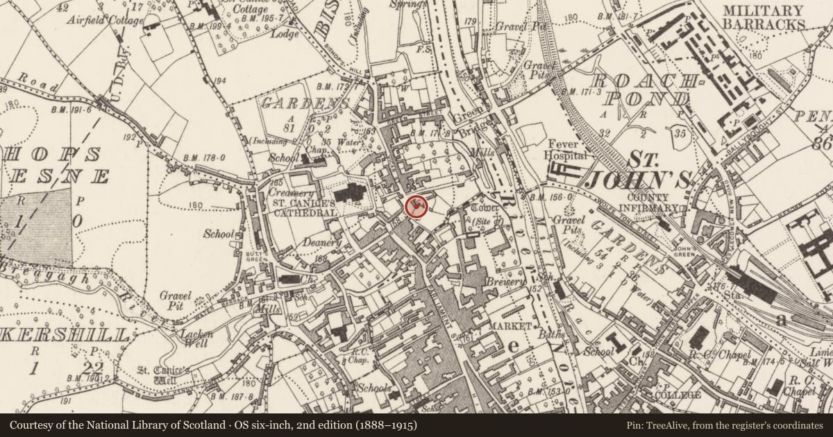Ordnance Survey six-inch map, 2nd edition (1888–1915) covering the location of House - 16th/17th century, Gardens (Kilkenny City By., St. Canice Par.), County Kilkenny, with a pin at the register's coordinates