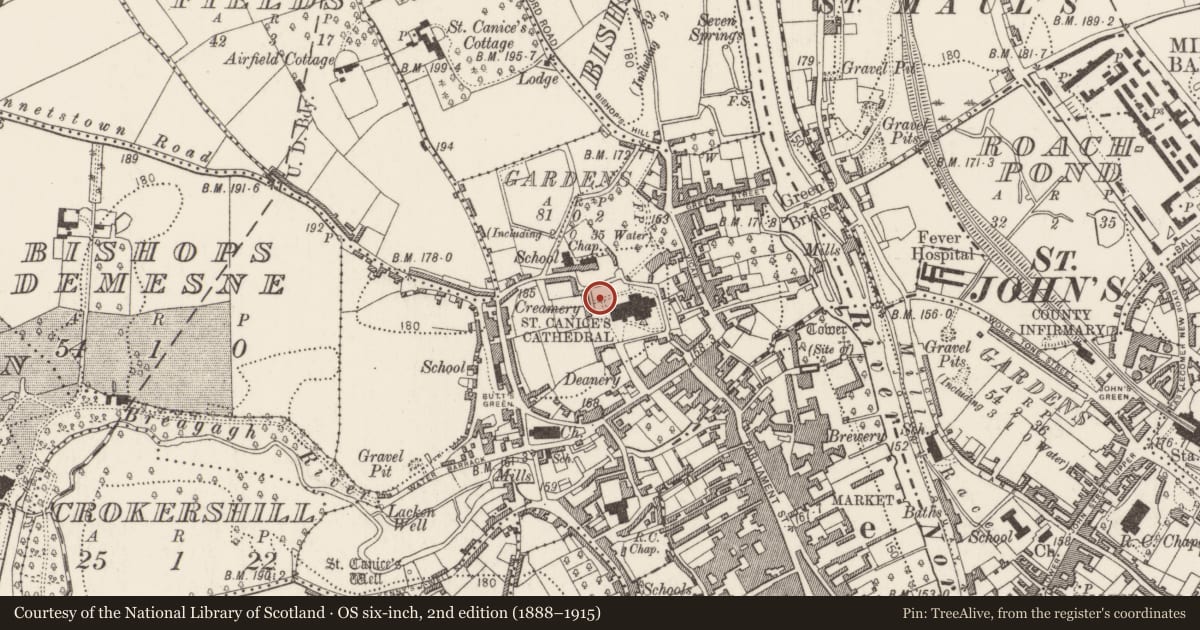 Ordnance Survey six-inch map, 2nd edition (1888–1915) covering the location of Kiln - tile, Gardens (Kilkenny City By., St. Canice Par.), County Kilkenny, with a pin at the register's coordinates