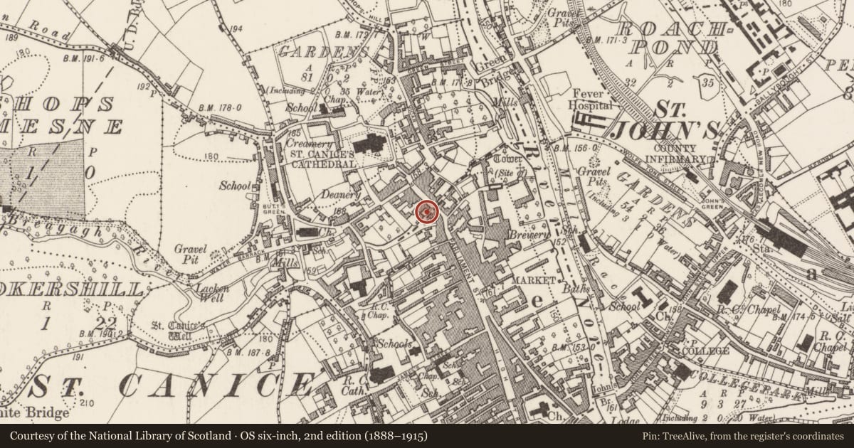 Ordnance Survey six-inch map, 2nd edition (1888–1915) covering the location of House - medieval, Gardens (Kilkenny City By., St. Canice Par.), County Kilkenny, with a pin at the register's coordinates