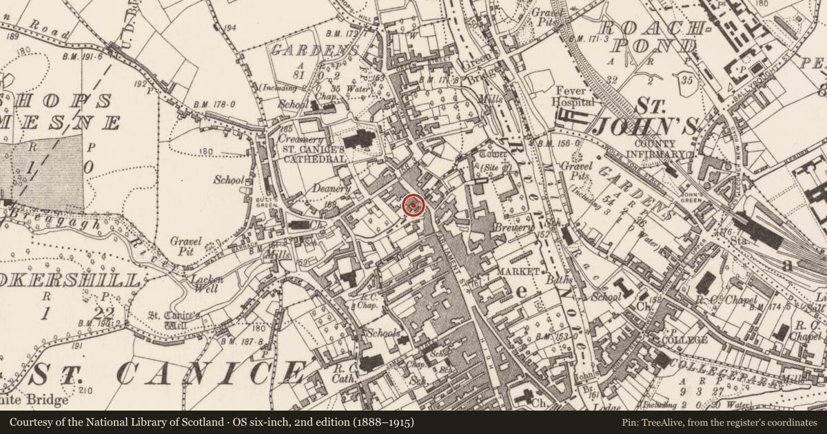 Ordnance Survey six-inch map, 2nd edition (1888–1915) covering the location of House - medieval, Gardens (Kilkenny City By., St. Canice Par.), County Kilkenny, with a pin at the register's coordinates