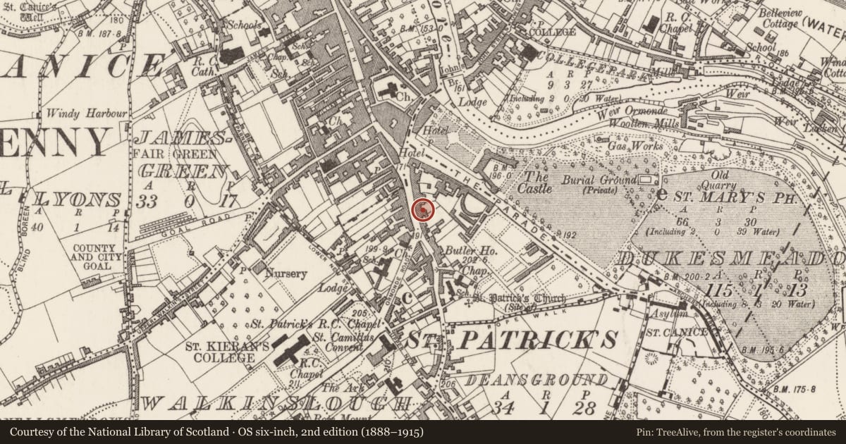 Ordnance Survey six-inch map, 2nd edition (1888–1915) covering the location of Excavation - miscellaneous, Gardens (Kilkenny City By., St. Patrick's Par.), County Kilkenny, with a pin at the register's coordinates