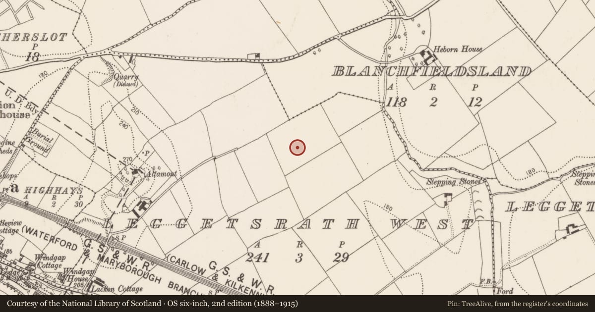 Ordnance Survey six-inch map, 2nd edition (1888–1915) covering the location of Architectural fragment, Leggetsrath West, County Kilkenny, with a pin at the register's coordinates