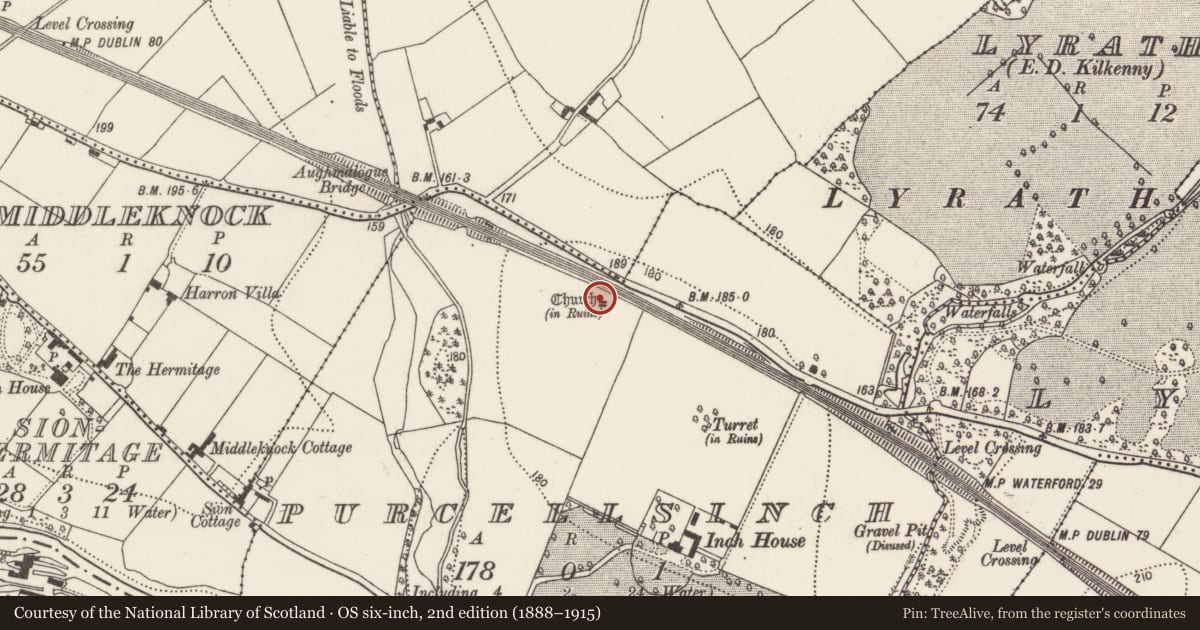 Ordnance Survey six-inch map, 2nd edition (1888–1915) covering the location of Graveyard, Purcellsinch, County Kilkenny, with a pin at the register's coordinates