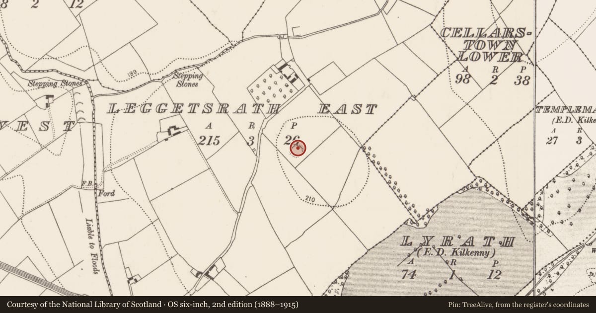 Ordnance Survey six-inch map, 2nd edition (1888–1915) covering the location of Church, Leggetsrath East, County Kilkenny, with a pin at the register's coordinates
