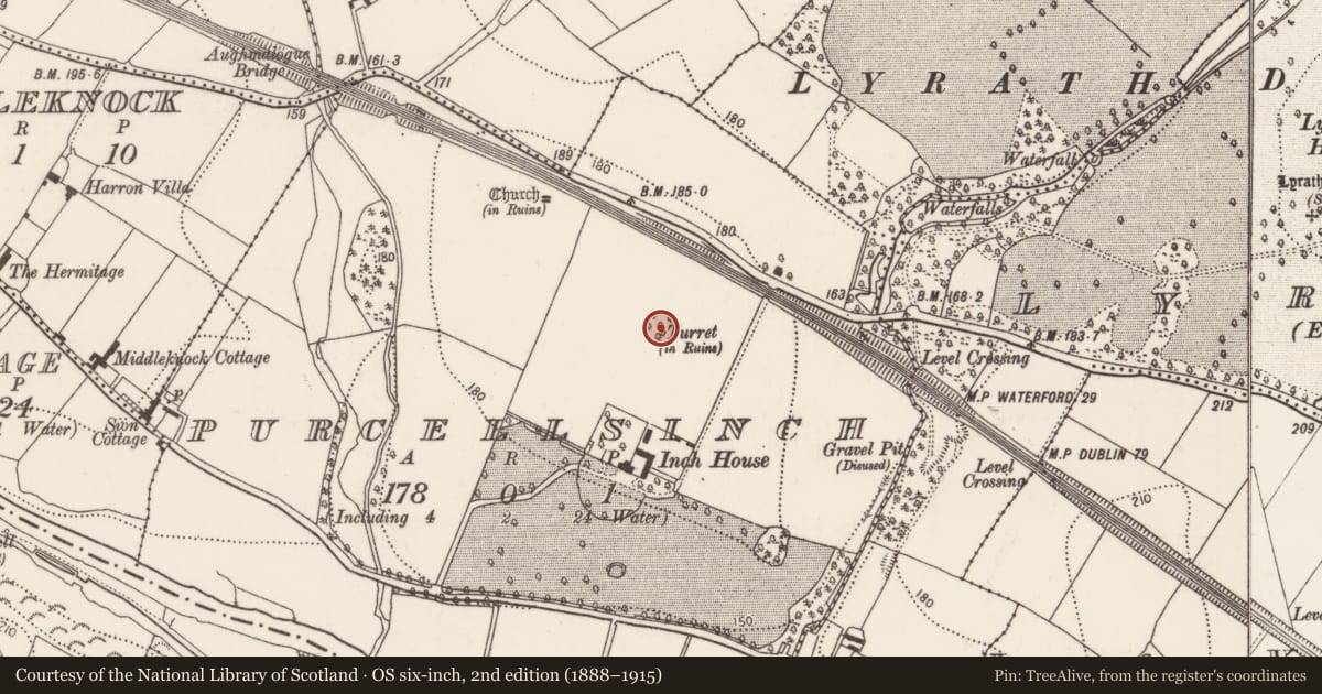 Ordnance Survey six-inch map, 2nd edition (1888–1915) covering the location of Designed landscape - folly, Purcellsinch, County Kilkenny, with a pin at the register's coordinates