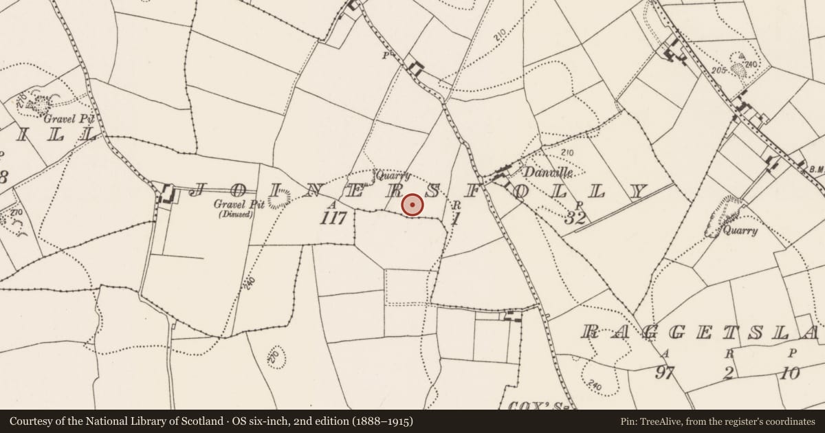 Ordnance Survey six-inch map, 2nd edition (1888–1915) covering the location of Enclosure, Joinersfolly, County Kilkenny, with a pin at the register's coordinates