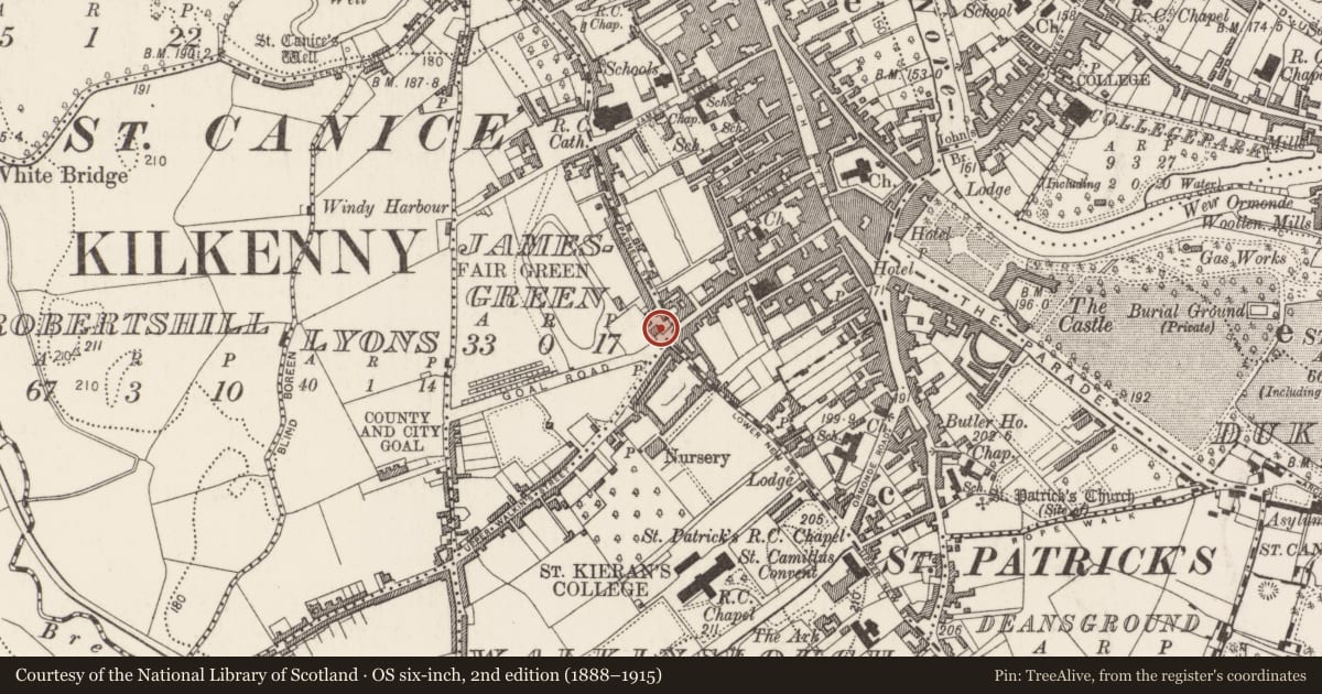 Ordnance Survey six-inch map, 2nd edition (1888–1915) covering the location of House - 17th century, Jamesgreen, County Kilkenny, with a pin at the register's coordinates