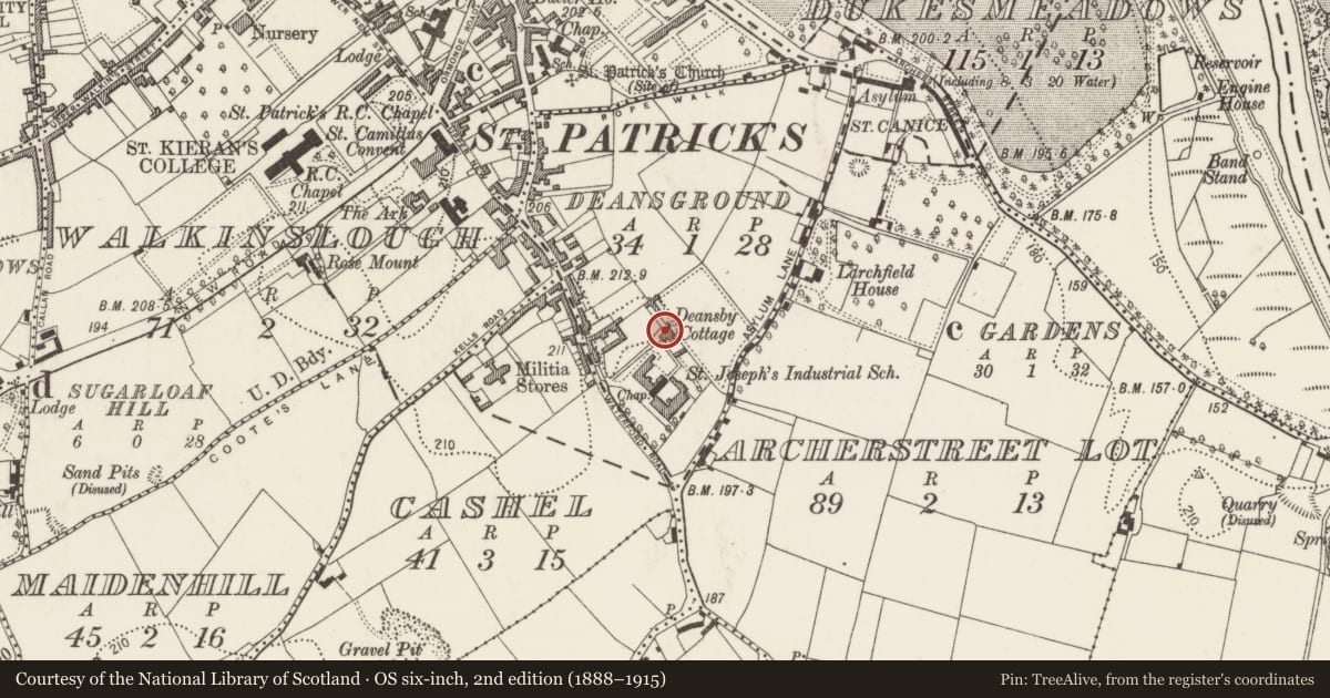 Ordnance Survey six-inch map, 2nd edition (1888–1915) covering the location of House - 16th/17th century, Deansground, County Kilkenny, with a pin at the register's coordinates