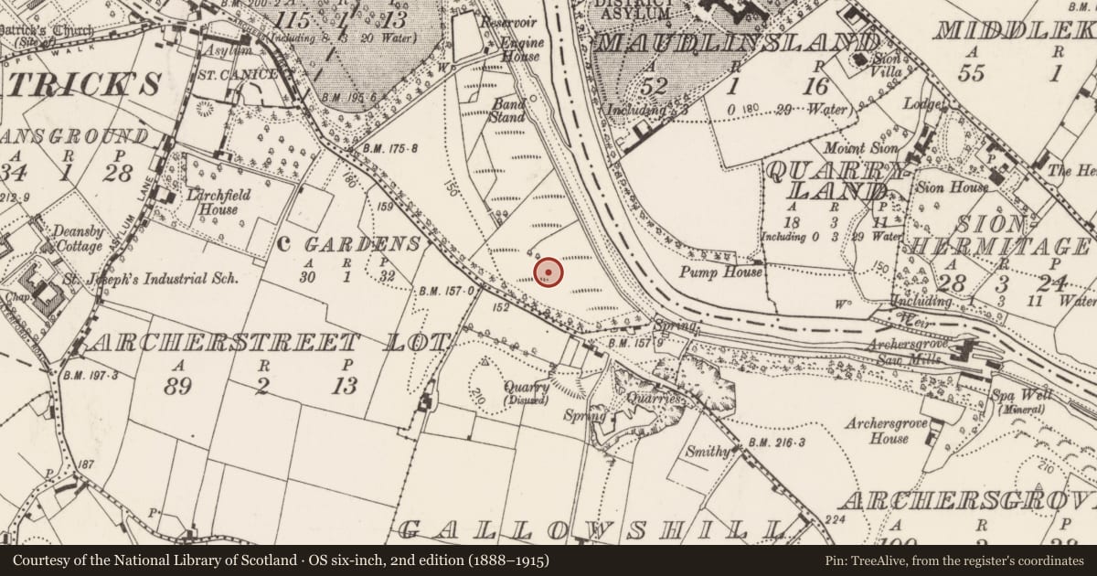 Ordnance Survey six-inch map, 2nd edition (1888–1915) covering the location of Fulacht fia, Dukesmeadows (Shillelogher By., St. Canice Par.), County Kilkenny, with a pin at the register's coordinates